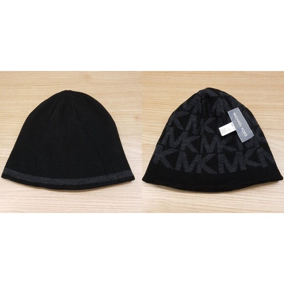 MICHAEL KORS Mens Beanie Hat Black Ribbed Knit Reversible MK Monogram Logo - Picture 1 of 6